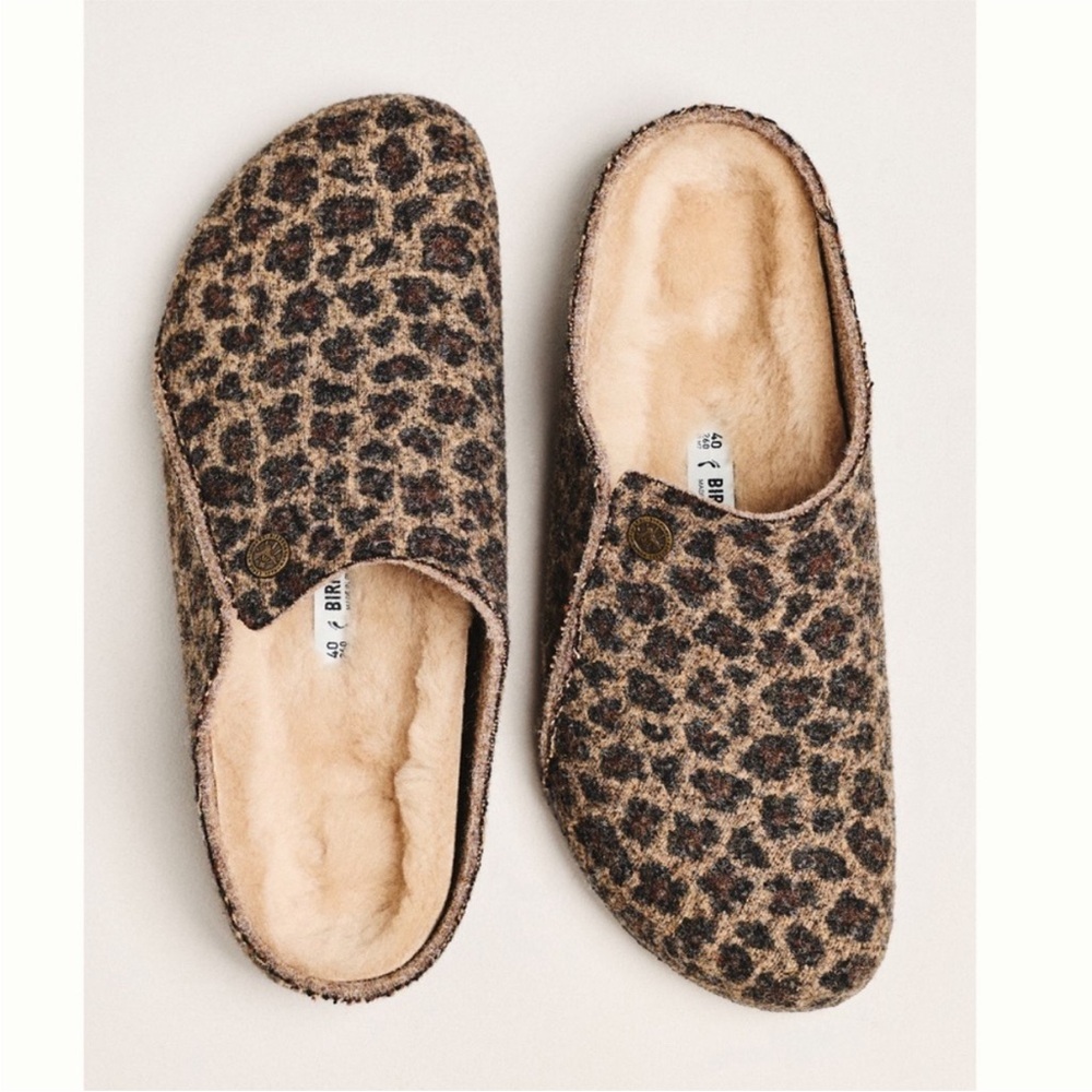 Birkenstock Zermatt Wool Felt Clog Shearling Slipper Toffee Cheetah 37 6 6.5 NEW